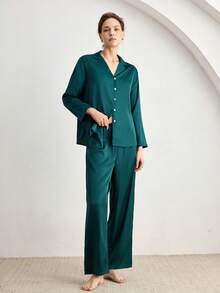 Ocili Satin Smooth Comfortable Loose Long Sleeve & Pants Women Pajama Set - Dark Green - View 2