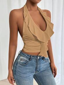 SHEIN Allurite Khaki Color Sexy V Neck Halter Neck Ruched Top,Women Birthday Top ,Basic Top,Going Out Top,Party Must Have,Streetwear,Summer Top,Date Top,Vacation Outfit,Casual Knit Top,Zoo Outfits Women,Body Tops For Ladies - Khaki - View 8
