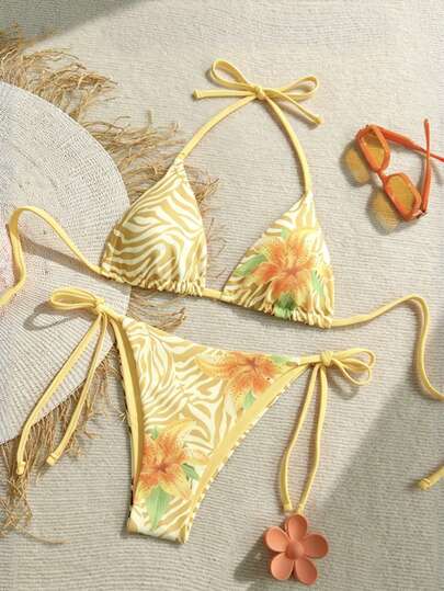 Soleia Women's Colorful Zebra Print Floral Splice Bandage Bikini Two Pieces Swimsuit, Vacation