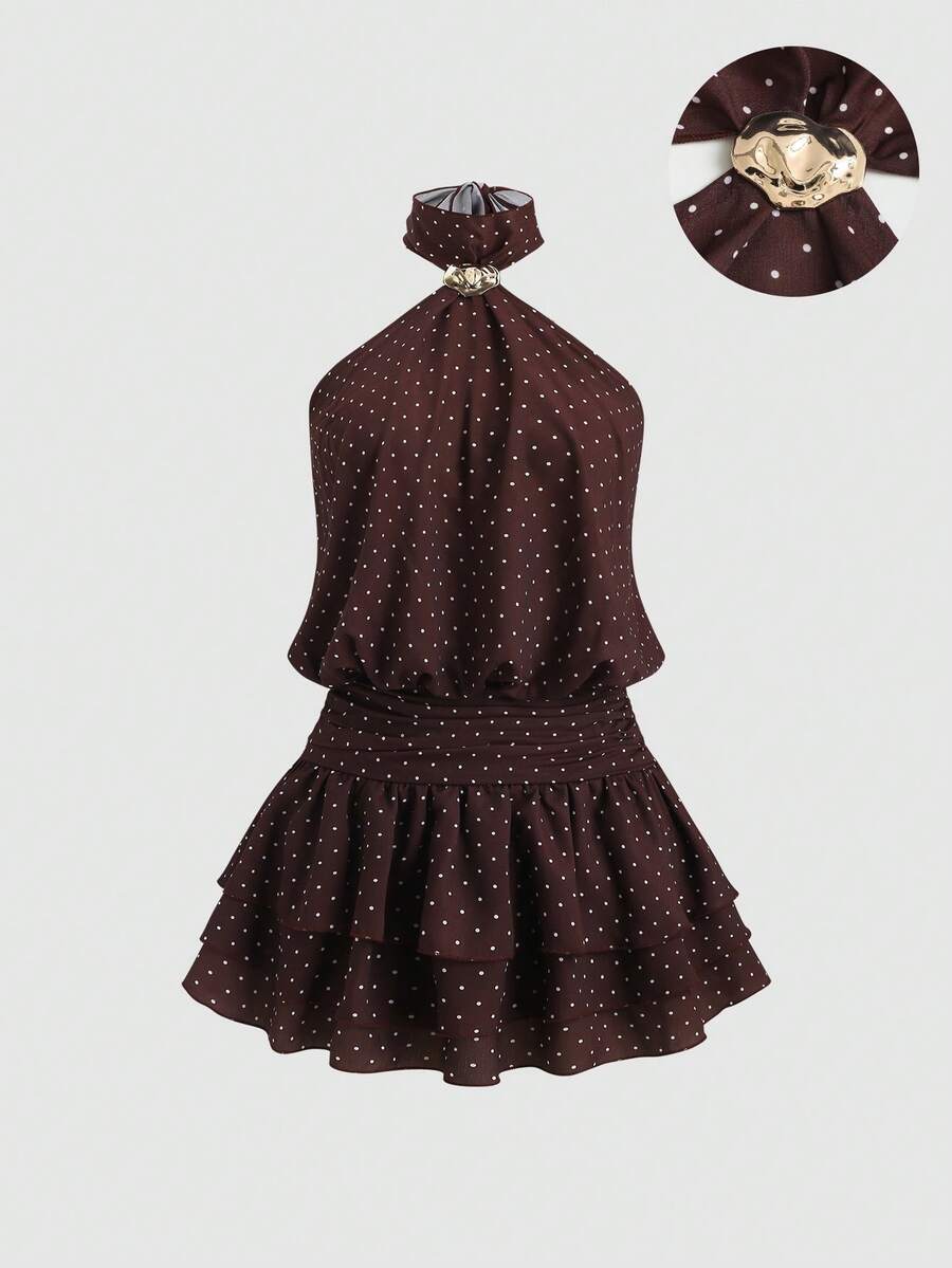 Sweetra Vestido vintage dulce y picante, sexy y pequeño, adecuado para citas, salidas, reuniones con amigos, vacaciones, fiestas ligeras. Presenta decoración del cuello con broche de metal, lazo, dobladillo abombado, falda con volantes en capas. Primavera/Verano/Otoño, base marrón con lunares blancos - Marrón - Ver 1