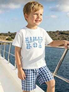 2pcs/Set Young Boy Casual Fashion Letter Print Round Neck Top And Plaid Print Shorts, Suitable For Spring/Summer Outdoor & Daily Wear - Blue and White - View 3