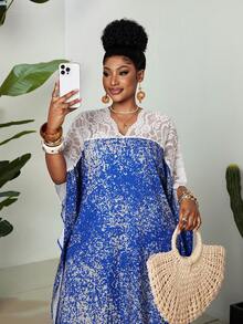 Maweii Plus Size Women White Lace Patchwork Dress, Batwing Sleeve Robe, Loose Long Dress, Cover Up Style Dress, Split Maxi Robe, Beach Holiday,Holiday Outfts For Women,Casuallong Dresses,Blue Dress - Blue - View 4