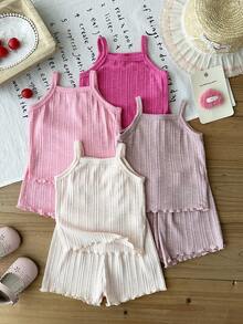 SHEIN 女婴0-3岁8件套/4套休闲可爱简约风春夏外出服，4款纯色套装，无袖上衣+短裤 - 彩色 - 查看 8
