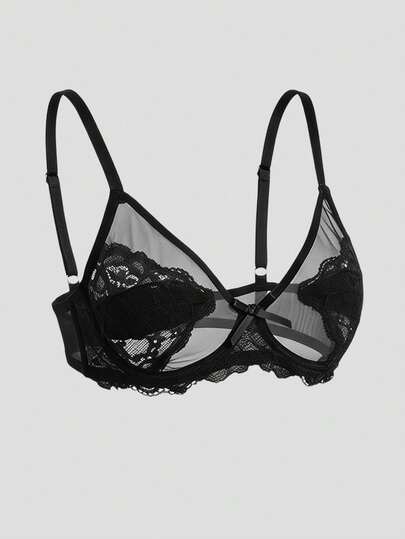 DAZY Sujetador para mujer con encaje en patchwork, semi-transparente, ligeramente recogido, con tirantes ajustables