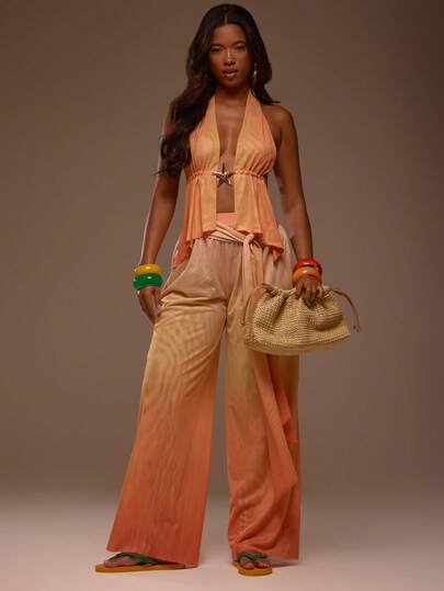 MUSERA Double Layered Tie Front Belt Gathered Ombre Wide Leg Flowy Trousers Coord Bottoms Only Summer Spring Sexy Cute Beach Holiday Vacation Ibiza Party Going Out Tropic Heat