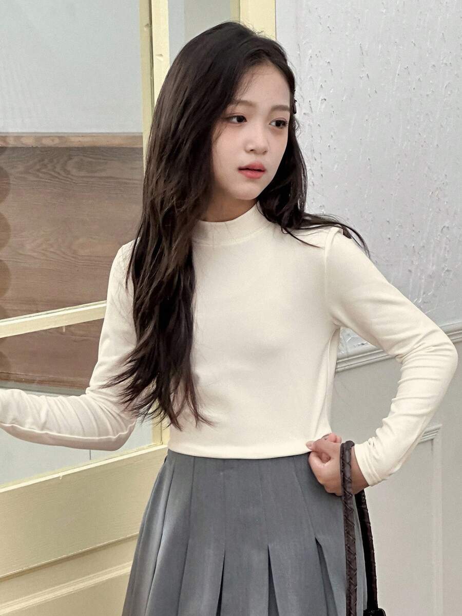 DAZY 青少年女孩高領修身抓絨T恤,秋季百搭 - 白色 - 查看 1