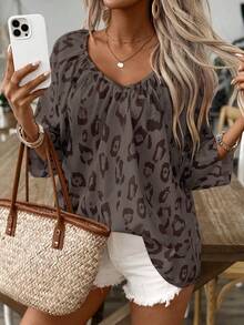 Louniche Women's Leopard Print Bohemian Style V-Neck Ruched Loose Blouse - Multicolor - View 5