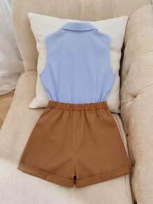 Franclia Conjunto de 2 Peças Estilo Commuter Francês com Top Sem Mangas Bordado com Listras Verticais Azul & Branco e Shorts Marrom - Multicolorido - Visão 2