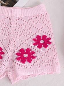 SHEIN Bộ đồ thường ngày cho bé gái, áo và quần short họa tiết hoa nơ. - Hồng - Xem 6
