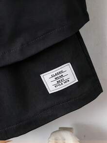SHEIN Explorewe 男童纯色单排扣短袖衬衫和短裤休闲日常穿搭 - 黑色 - 查看 4