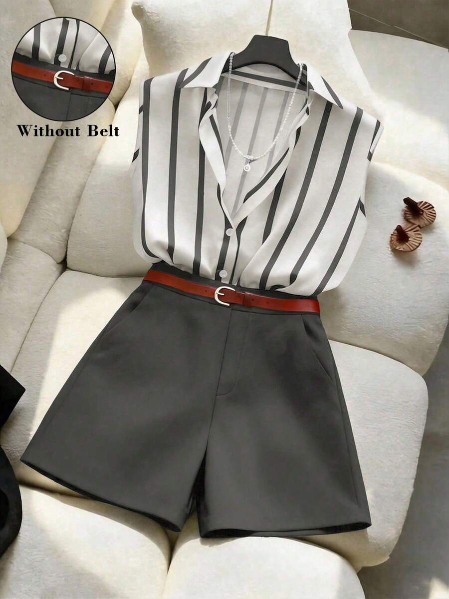 SHEIN Franclia 女士无袖条纹衬衫上衣 + 宽松时尚百搭短裤,春夏款 - 灰色 - 查看 1