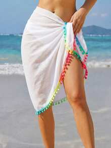 Swim Vcay Vacation Beach Towel, Tassel & Pom Pom Decor Kimono & Skirt, Bohemian Style - White - View 4