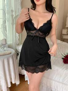 SHEIN 女士性感蕾丝吊带睡裙 - 黑色 - 查看 4