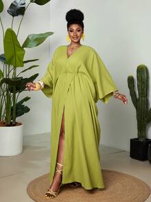 Maweii Đầm maxi dáng rộng tay lửng 3/4 cổ chữ V màu xanh lá cây dành cho nữ cỡ lớn, thích hợp cho mùa hè, trang phục đi nghỉ mát thanh lịch cho nữ, trang phục nghỉ hè, trang phục đi biển cho nữ, thiết kế đa năng cho mùa xuân, hè, thu khi đi du lịch, nghỉ mát biển, lễ hội âm nhạc, dự đám cưới, lễ tốt nghiệp, du lịch, tiệc sinh nhật, tiệc lễ hội, cũng có thể mặc như trang phục đi làm thường ngày thời trang, trang phục công sở, trang phục thường nhật đa năng. - màu xanh lá - Xem 3