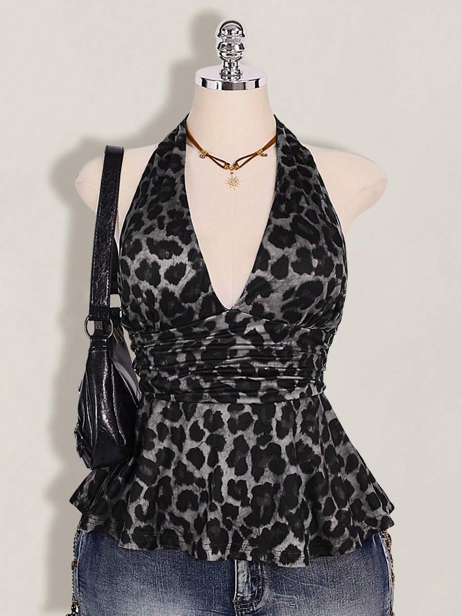 SHEIN ICON 大码女式复古性感个性时尚前卫都市摩登千禧风Y2K豹纹图案收腰深V露背吊带宽松下摆修身上衣 - 灰色 - 查看 1