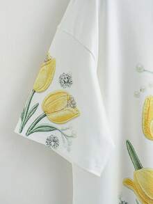 Qadelle Áo thun nữ, thêu giả, in họa tiết đính cườm giả, cổ tròn, tay ngắn, thích hợp mặc hàng ngày và hẹn hò, mùa hè. - trắng - Xem 6
