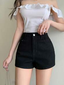 DAZY 女士高腰口袋休闲百搭牛仔短裤夏季 - 黑色 - 查看 4