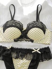 DelicateAllure Polka Dot Mesh Patchwork Lace Lingerie Set - Yellow - View 4