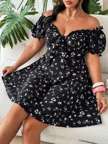 SHEIN EZwear 大码夏季休闲碎花露肩荷叶边连衣裙 - 彩色 - 查看 2