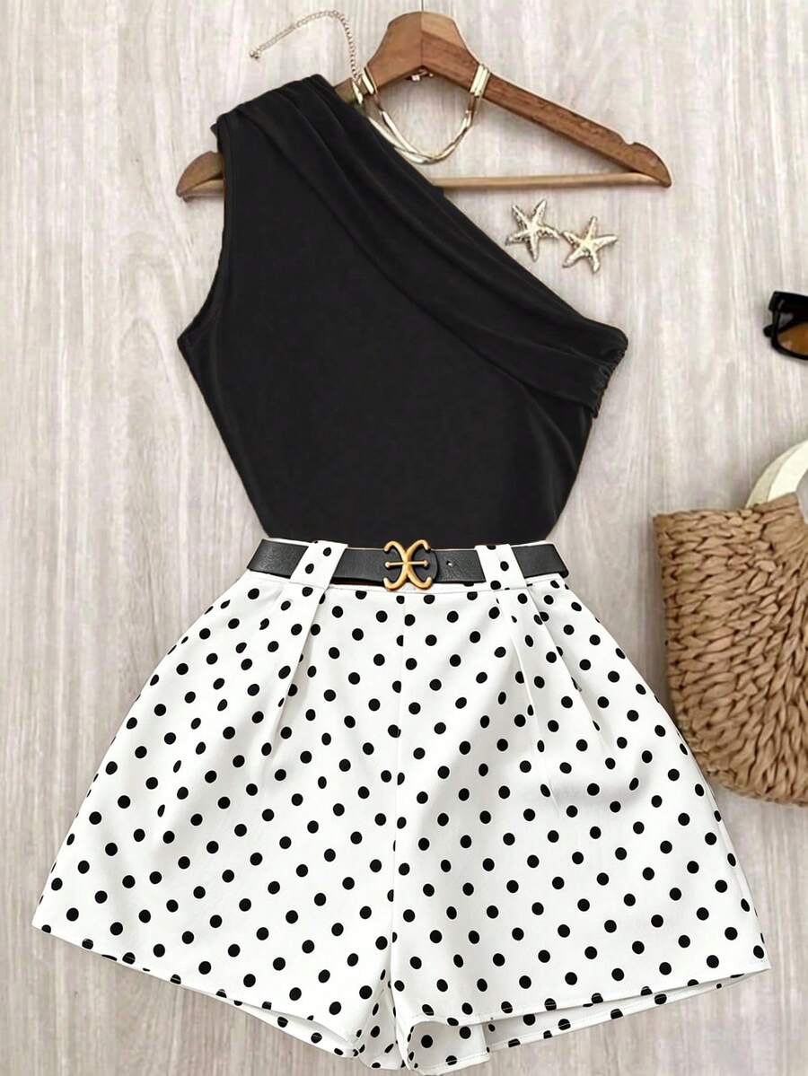 Roelina Casual Commuting High Elasticity Solid Brown Pleated Shoulder Top And White Elastic Waist Pants Set - Black and White - View 1