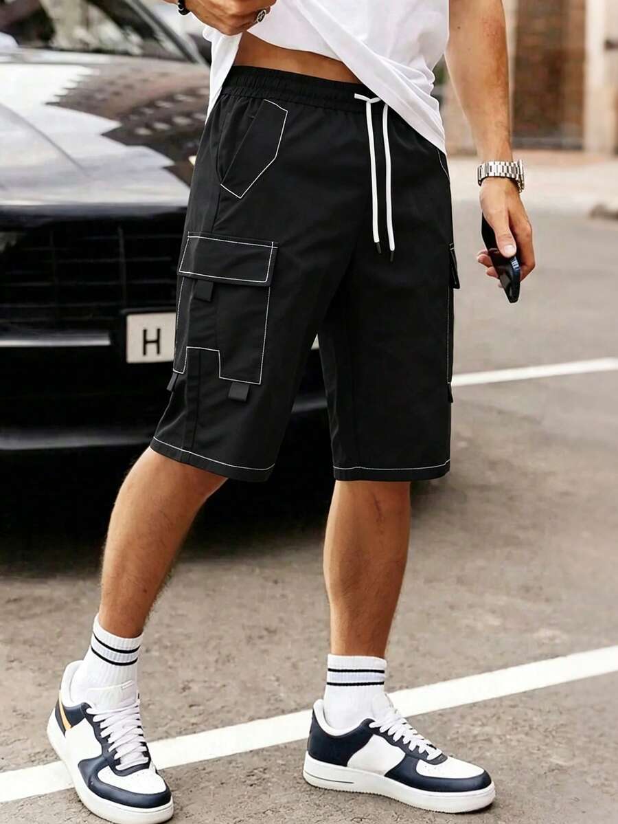 Manfinity Homme Men's Black Summer Casual Streetwear Cargo Shorts With Contrast Stitching,Drawstring Waist,Pockets For City Break,Fashion Street Work Shorts For Men - Black - View 1