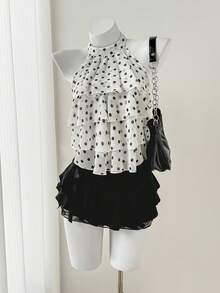 Elamini Women's Polka Dot Ruched Halter Neck Versatile Casual Top - White - View 6