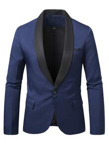 Manfinity Mode Chaqueta de traje de un solo botón con solapa de color contrastante para hombres, para negocios/ir al trabajo - Azul Marino - Ver 3