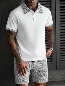 Manfinity CasualCool 男士条纹撞色纽扣半开襟 Polo 衫和抽绳腰带口袋短裤套装 - 彩色 - 查看 6