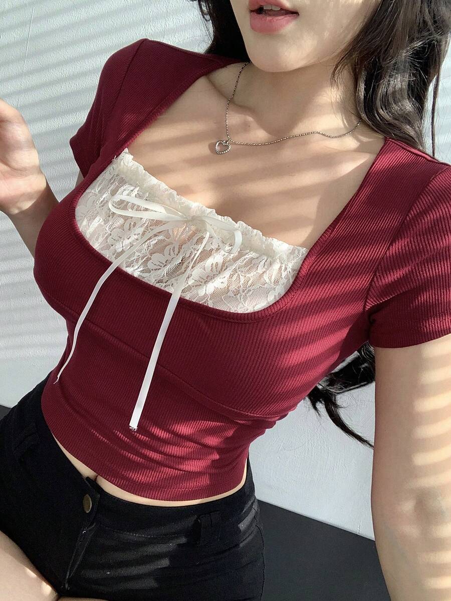 DAZY Valentine's Day Contrast Color Patchwork Short Sleeve T-Shirt For Women Summer Cute Tops Crop Top - Red - View 1