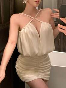 Joudiya Đầm hai dây mùa xuân hè, đầm dự tiệc cưới, tiệc chiêu đãi, đầm dạ hội thanh lịch ôm eo dành cho bé gái, đầm dự sự kiện thời trang. - Màu be - Xem 8