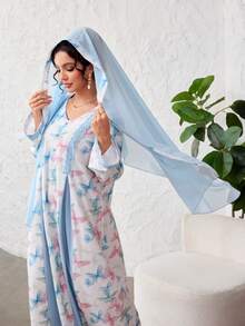 Yasmyna Đầm xanh dương cổ chữ V in hình bướm, phối ruy băng, cài cúc phía trước, kèm khăn trùm đầu. - Màu xanh lam - Xem 1