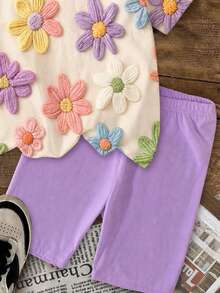 2pcs/Set Teen Girl Casual Cute Textured Ditsy Floral Short Sleeve T-Shirt And Shorts,Healing Style,Suitable For Summer,Vacation,Outdoor - Multicolor - View 5