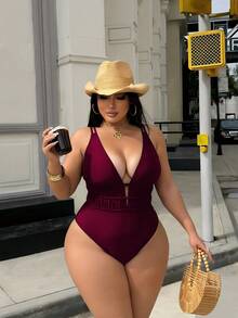 Swim SXY Plus Size Women's Leopard Print Deep V-Neck Sexy Beach Vacation One-Piece Swimsuit - Burgundy - View 6