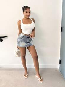 Alexandranx Váy mini denim bó sát có túi vá chéo dành cho nữ - Màu xanh lam - Xem 6