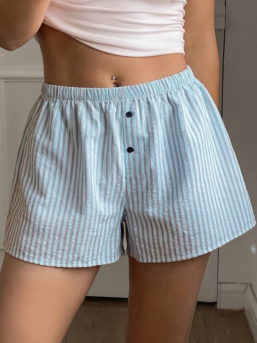 Livesso Women Elastic Waist Button Design Lounge Shorts - Blue - View 1
