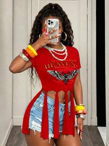BamGleam Motorcycle Letter Print Cropped T-Shirt With Wing Hem Tassel - Red - View 7