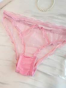 DAZY 2pcs Polka Dot Lace Patchwork Adjustable Spaghetti Strap Lightly Padded Bra And Sheer Panty Set - Baby Pink - View 8