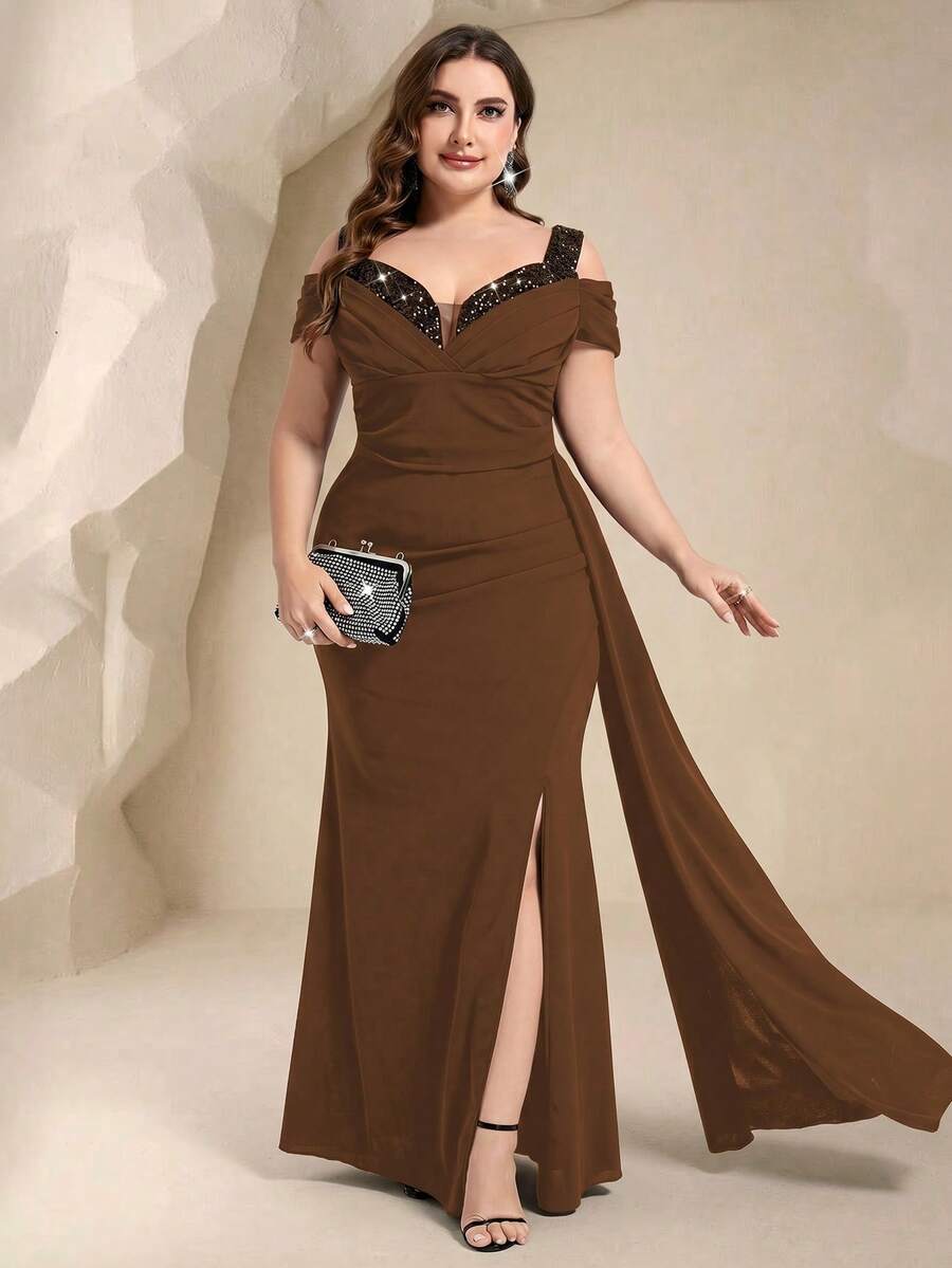 Coutiva Đầm dạ hội cỡ lớn dành cho nữ, kiểu dáng trễ vai, đính sequin và ghép mảnh. - màu nâu - Xem 1