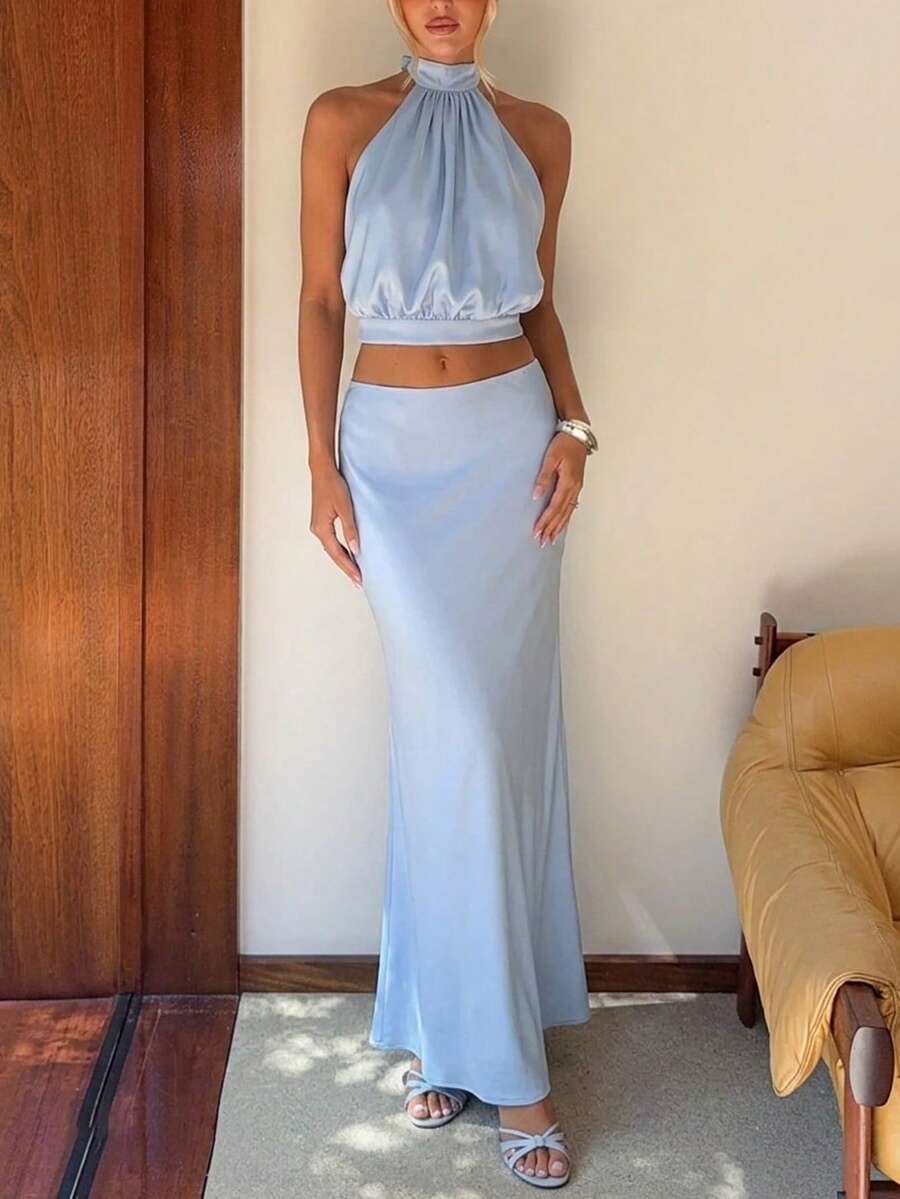 SHEIN BAE Women's Solid Light Blue Satin Elegant Sexy 2 Pieces Set, Wedding Vacation Guest Outfit,Summer For Women,Vacation Outfits Two-Piece - Blue - View 1