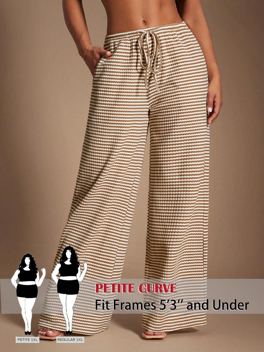 SHEIN PETITE CURVE 大码女式舒适休闲简约低腰抽绳棕色复古条纹阔腿裤 - 彩色 - 查看 1