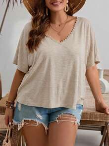 SHEIN Frenchy Plus Size Casual Lace Patchwork Twist Hollow Batwing Sleeve T-Shirt - Apricot - View 4