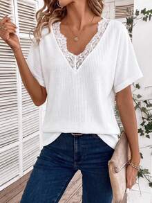 EMERY ROSE Women's Spring/Summer New Arrival Lace Trim V-Neck Casual Versatile Short Sleeve T-Shirt - White - View 1