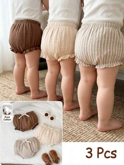SHEIN 3pcs/Set Unisex Toddler Boys/Girls Casual Solid Color & Striped Elastic Waist Shorts Set, Spring/Summer, Baby Bottoms