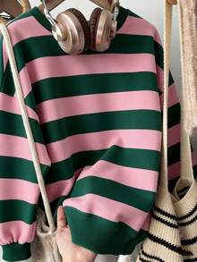 Franclia Áo sweatshirt nữ cỡ lớn dáng rộng kẻ sọc xanh hồng cổ tròn, thích hợp cho dịp Giáng sinh. - Nhiều màu - Xem 7