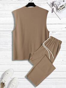 Manfinity Homme Conjunto casual de 2 piezas para hombre con camiseta de tirantes de cuello redondo de unicolor y pantalones, para vacaciones - Marrón - Ver 2