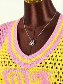 Amplova Bộ đồ 2 món dành cho nữ: Áo croptop dệt kim khoét rỗng phối màu tương phản với chân váy ngắn trang trí tua rua. - Hồng - Xem 4
