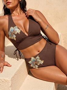 Swim Chiccia Bộ bikini vải gân mới năm 2026, có đệm mút rời, cổ chữ V sâu gợi cảm, dây buộc cổ nơ xinh xắn, dây rút bên hông, quần tam giác cạp cao ôm sát, phụ kiện cao cấp thanh lịch, đồ bơi đi biển thường ngày. - màu nâu - Xem 4