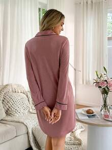 Moonlight&Mama Maternity Comfortable Contrast Trim Front Button Pocket Long Sleeve Dress, Summer Home Wear - Redwood - View 2