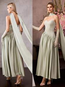 MOTF Soiréza ELEGANTE VESTIDO DE FIESTA SIN TIRANTES PARA MUJERES CON CORBATA Y MANGAS DESMONTABLES, VESTIDO ACAMPANADO CON ADORNOS DE STRASS EN LA CINTURA PARA AÑO NUEVO, DÍA DE SAN VALENTÍN, FIESTAS FORMALES, GALAS, BODAS Y CELEBRACIONES - Verde - Ver 1