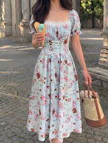 Vestido con cuello de volantes, mangas abullonadas, cintura con lazo y estampado de flores diminutas en patchwork, con estilo francés elegante para vacaciones - Azul - Ver 9